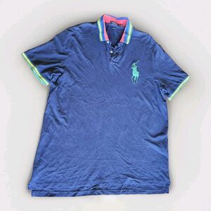 Polo Ralph Lauren Shirt Blue XL X-Large Green Big Pony Rainbow Collar Preppy